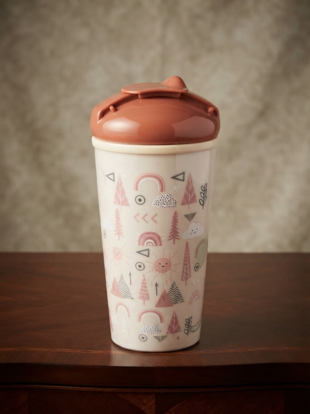 Ceramic Travel Tumbler with Dusty Rose Lid and Pastel Forest Pattern